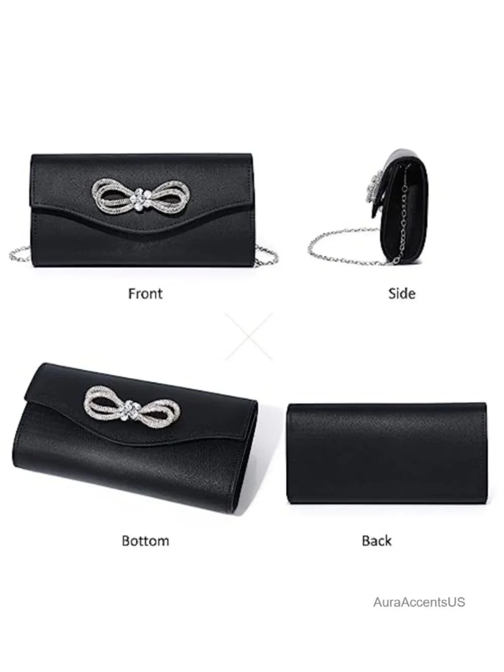 Shiny Crystal Bow Flap Clutch Evening Purse with Chain Strap